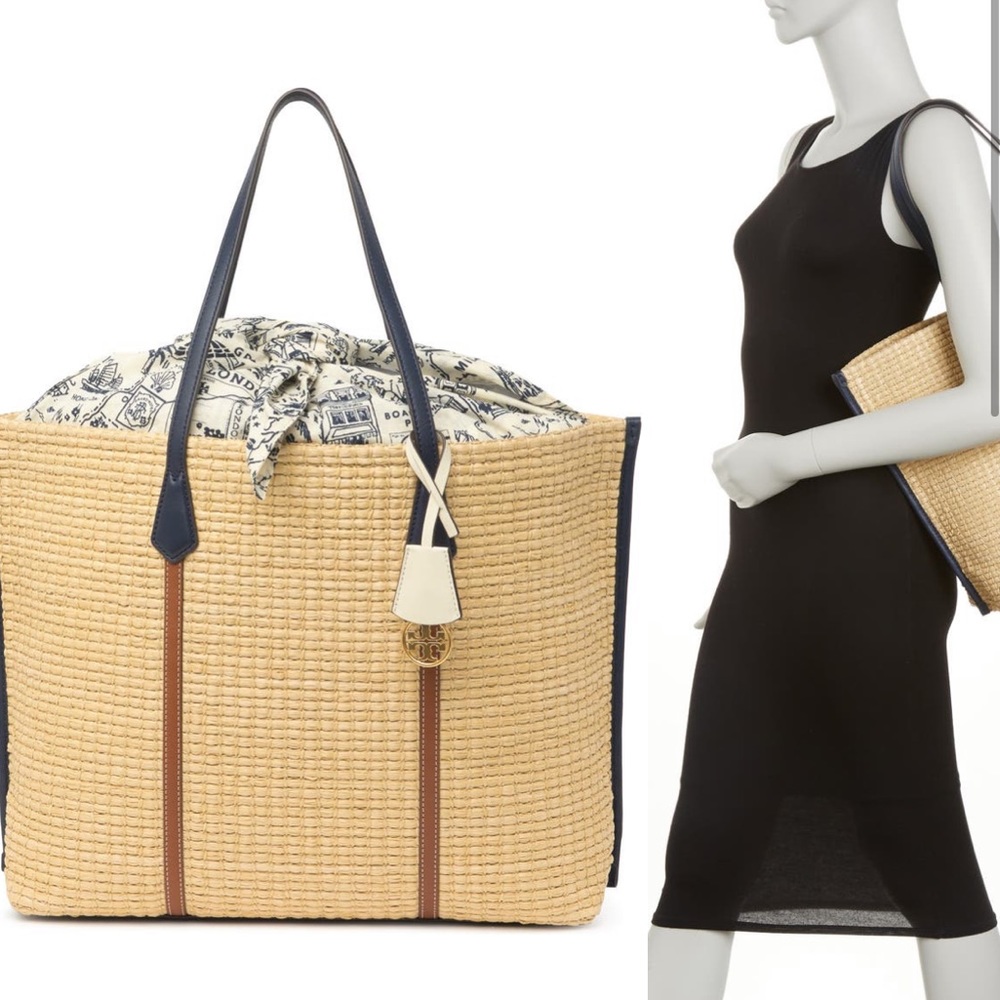 Tory Burch Tan and Navy Tote Bag